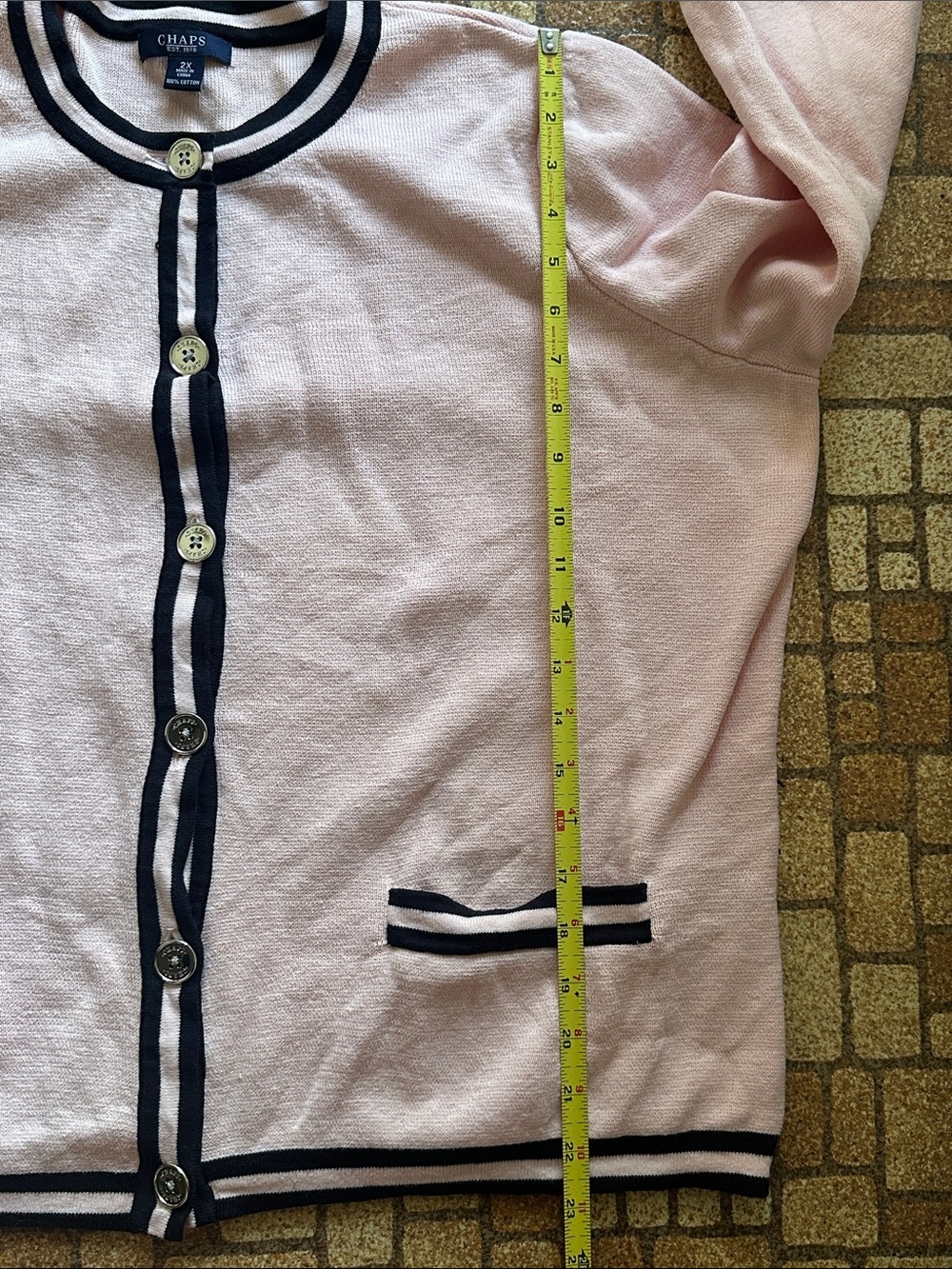 Chaps 100% Cotton Pink Cardigan with Black Trim and Silver Buttons - Picture 8 of 8